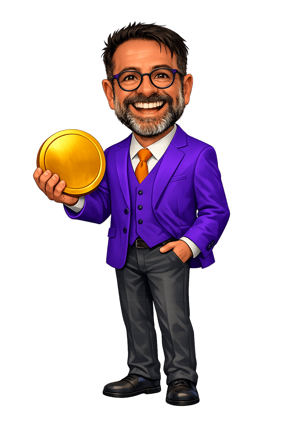 Mr. Coin, the Little Investors teacher, holding a coin
